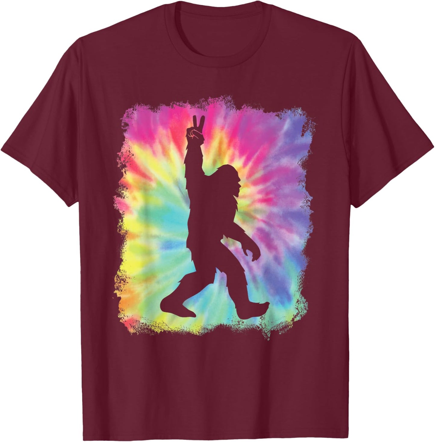 Bigfoot Sasquatch Peace Big Foot Squatch Tie Dye Rainbow T-Shirt - T-Shirt | Maroon