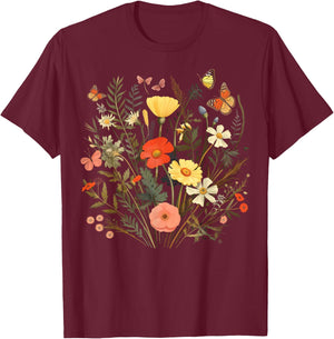Vintage Pressed Flowers Butterflies Floral Boho Wildflowers T-Shirt - T-Shirt | Maroon