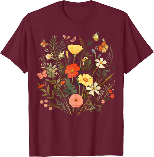 Vintage Pressed Flowers Butterflies Floral Boho Wildflowers T-Shirt - T-Shirt | Maroon