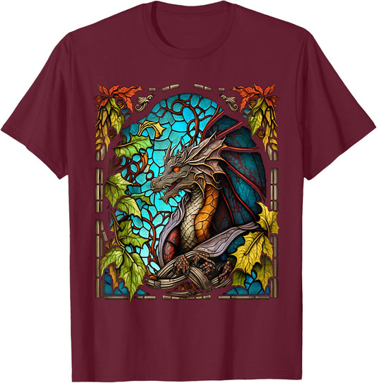 Cool Dragon Colored Stained Glass Window Vintage Dragon Fans T-Shirt - T-Shirt | Maroon
