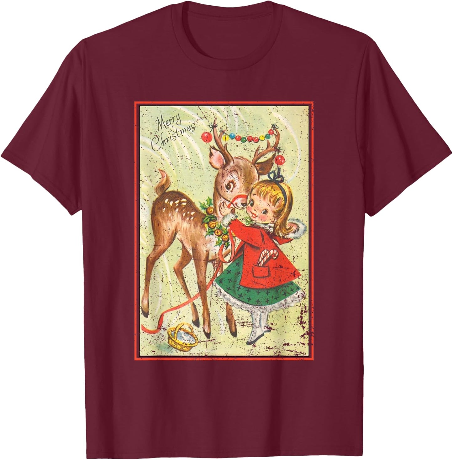 Vintage Pin Up Little Girl Reindeer Retro 1950s Christmas T-Shirt - T-Shirt | Maroon
