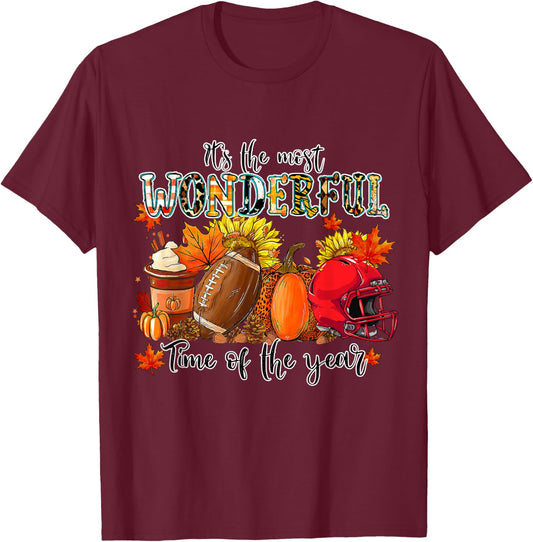 Fall Pumpkin Football It's Most Wonderful Time of The Year T-Shirt - T-Shirt | Maroon