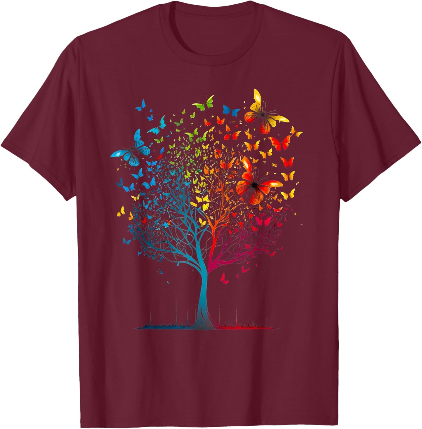Butterfly Tree Beautiful Women Men Kids Graphic Small T-Shirt - T-Shirt | Maroon