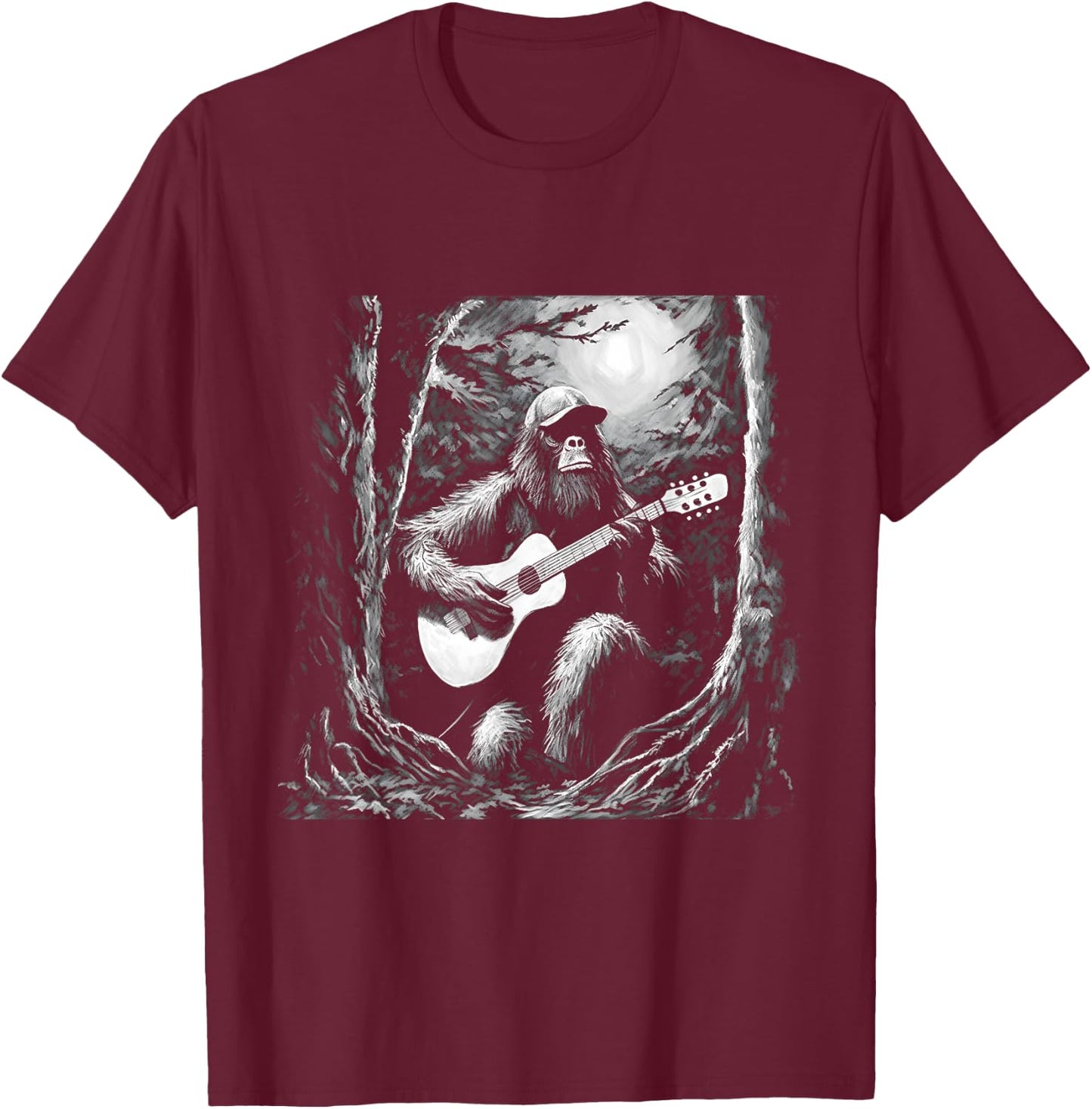 Bigfoot Playing Acoustic Guitar Funny Sasquatch Big Foot T-Shirt - T-Shirt | Maroon