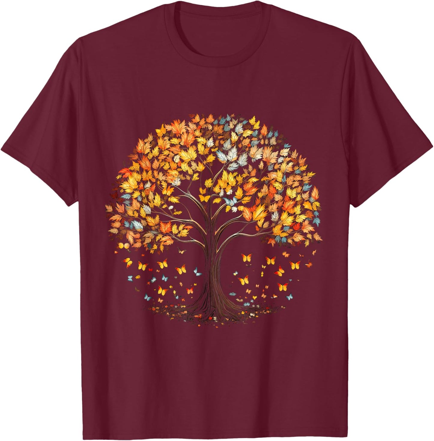 Fall Autumn falling leaves with Tree and Butterfly T-Shirt - T-Shirt | Maroon