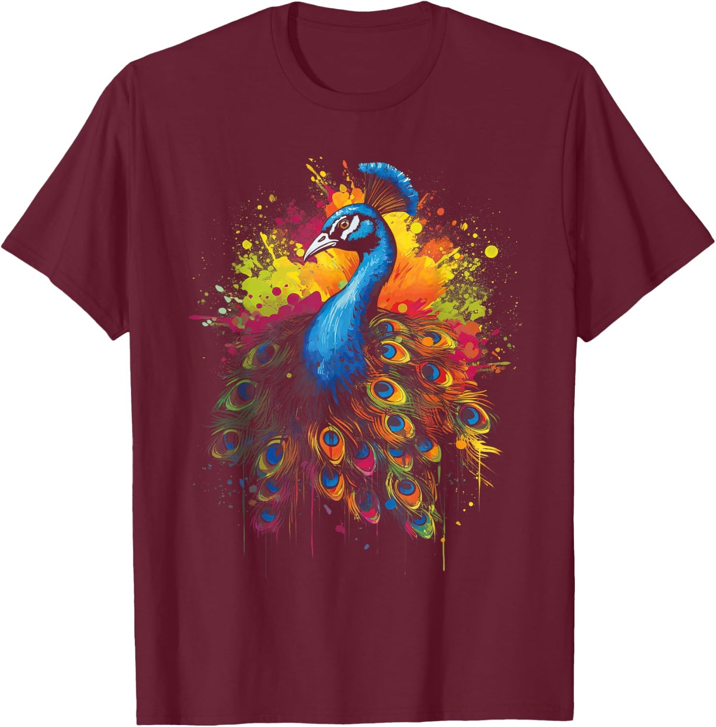 Colorsplash Artwork Peacock Bird Multicolor T-Shirt - T-Shirt | Maroon