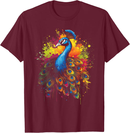 Colorsplash Artwork Peacock Bird Multicolor T-Shirt - T-Shirt | Maroon