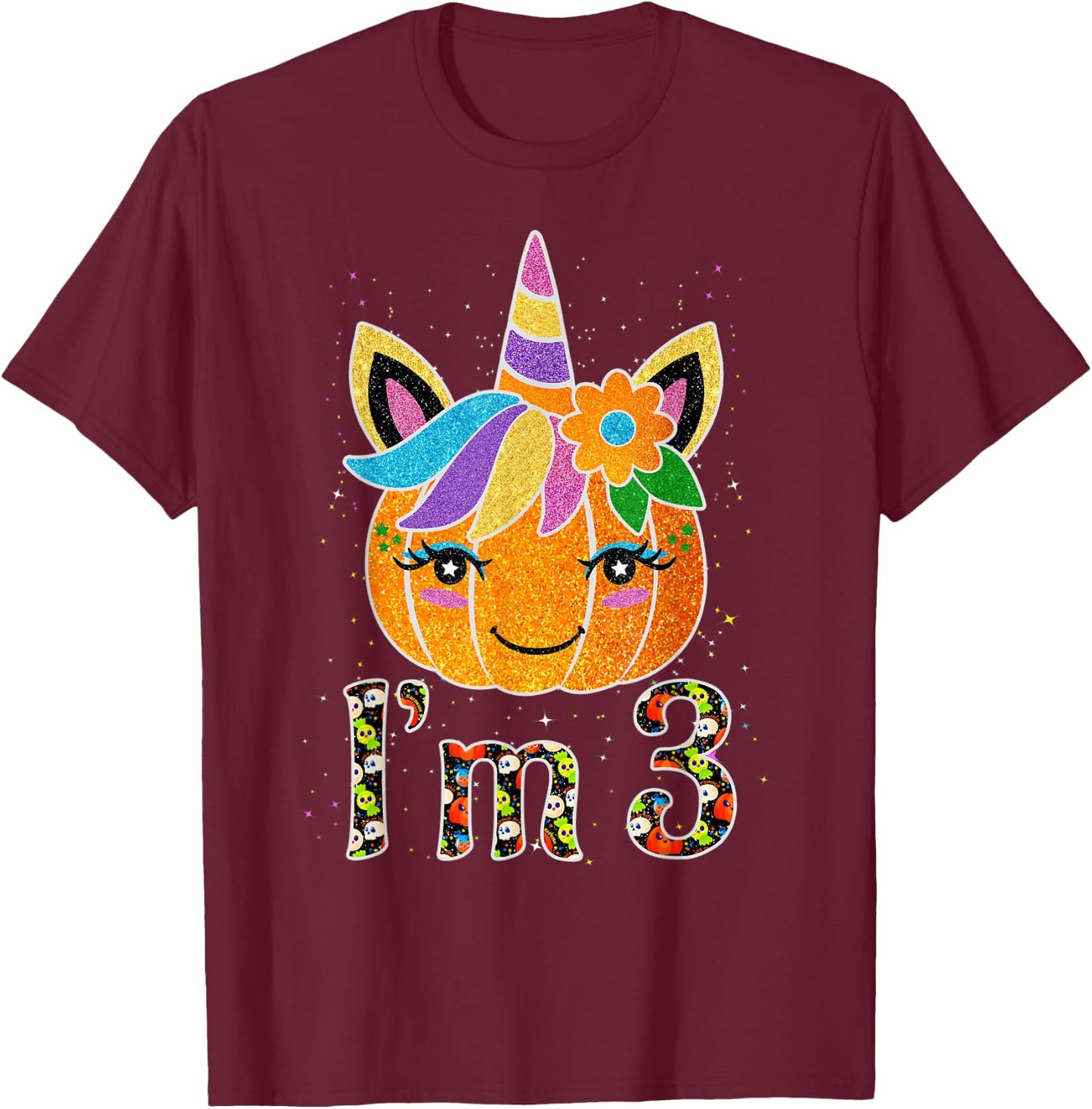 3 Years Old Unicorn Pumpkin Cute Design Birthday Halloween T-Shirt - T-Shirt | Maroon
