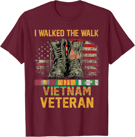 I Walked The Walk Vietnam Veteran Flag American US Vet T-Shirt - T-Shirt | Maroon