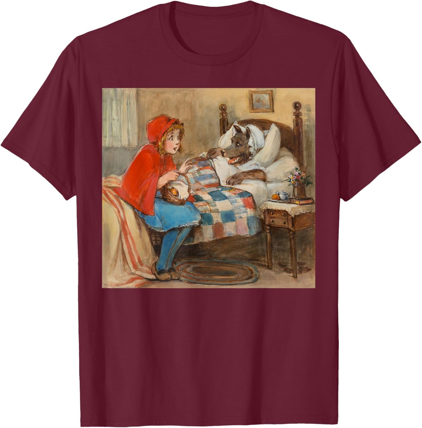 Retro Fairy Tale Grandma Bad Wolf Little Red Riding Hood T-Shirt - T-Shirt | Maroon
