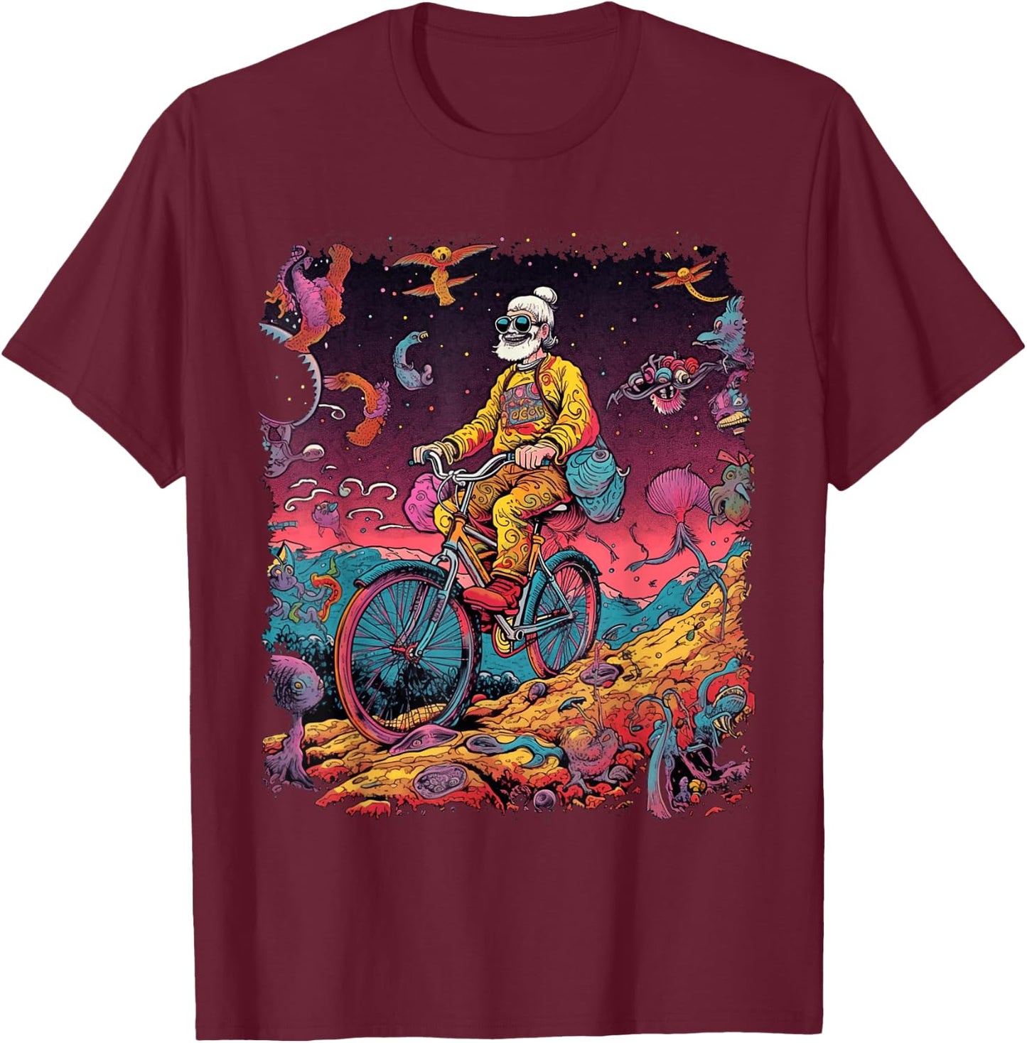 Bicycle Day Hofmann Trip | Psychedelic Comic Style Hippie T-Shirt - T-Shirt | Maroon