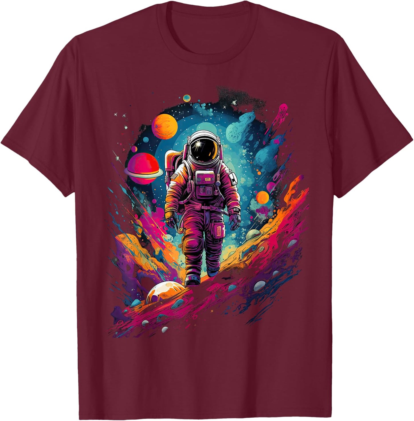 Astronaut in Space with Planets in Galaxies T-Shirt - T-Shirt | Maroon