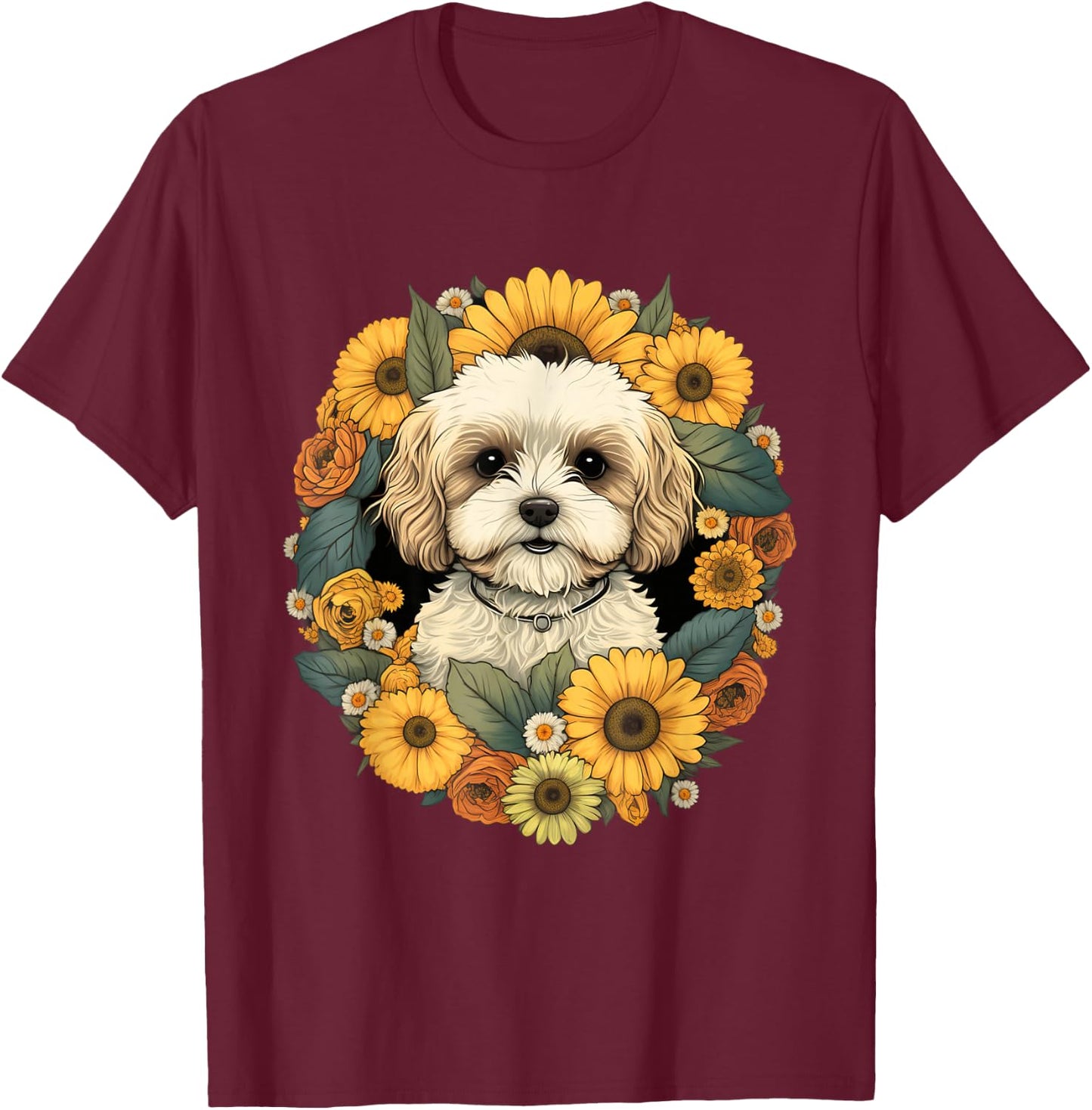 Sunflower Hippie Floral Cavachon Dog T-Shirt - T-Shirt | Maroon