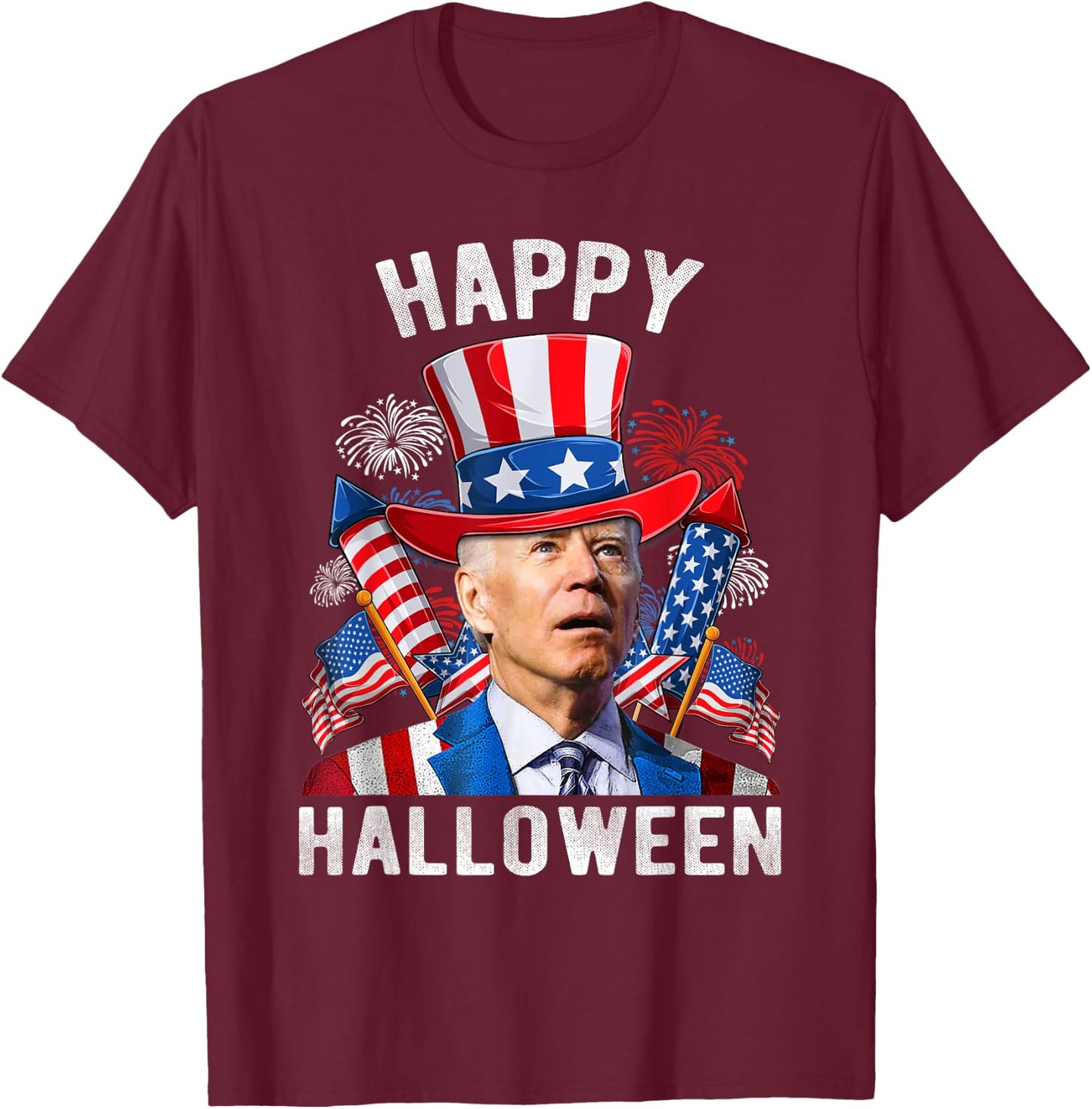 Happy Halloween Funny Joe Biden 4th Of July Firework US Flag Women Kids Men T-Shirt - T-Shirt | Maroon