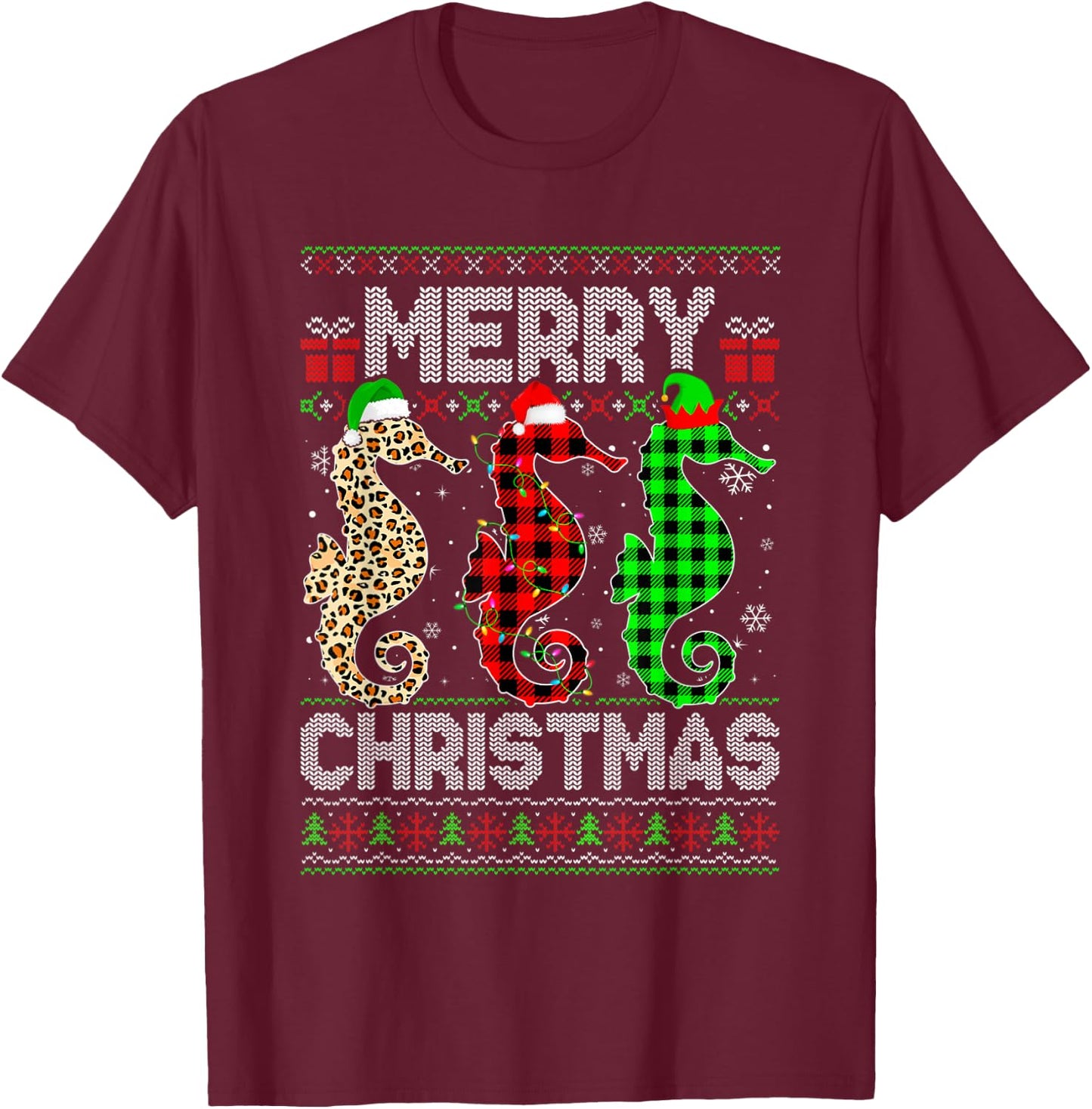 Merry Christmas Seahorse Xmas Leopard Plaid Santa Elf T-Shirt - T-Shirt | Maroon