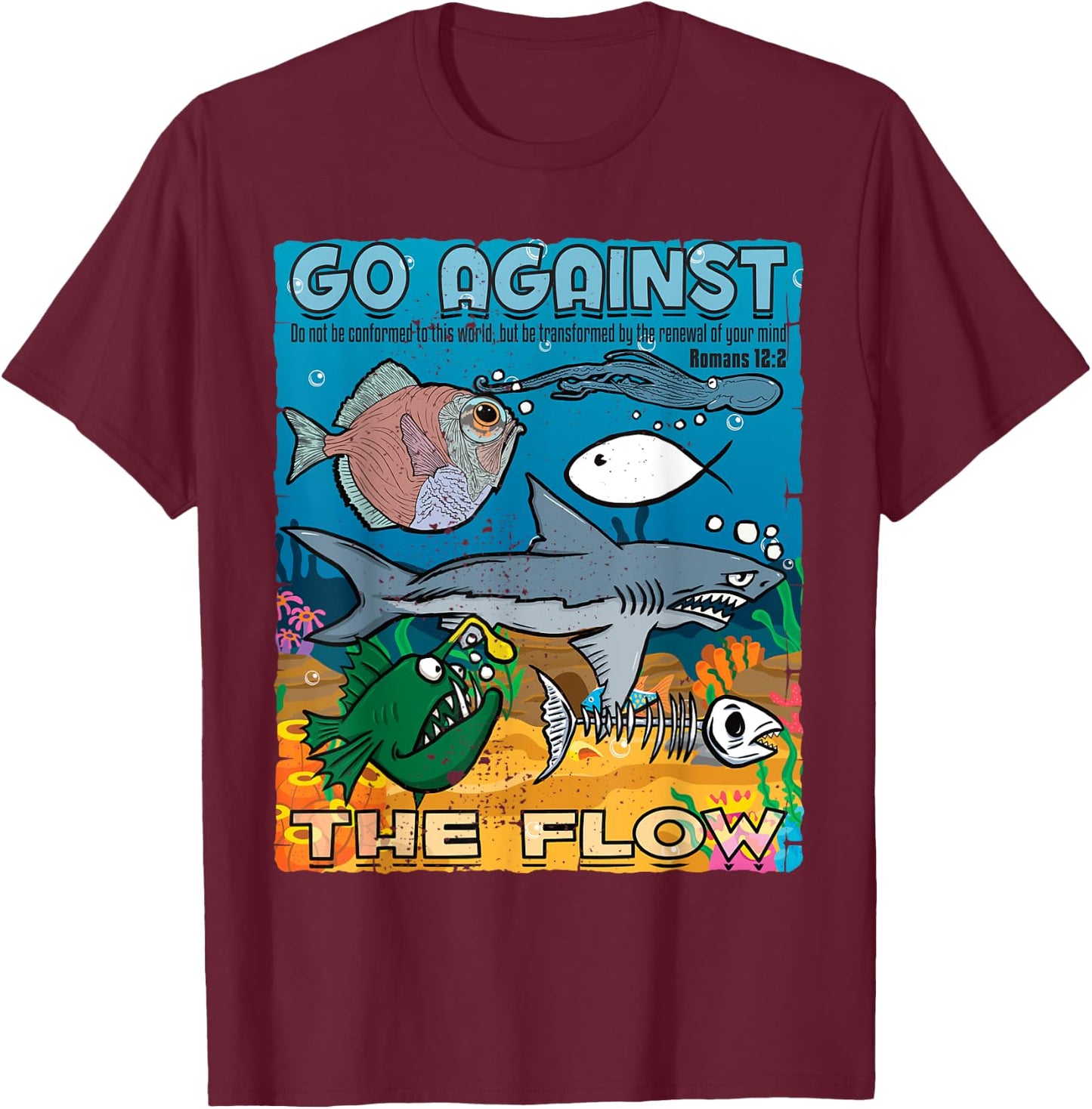 Go Against The Flow Christian Gospel Fish & Woman T-Shirt - T-Shirt | Maroon
