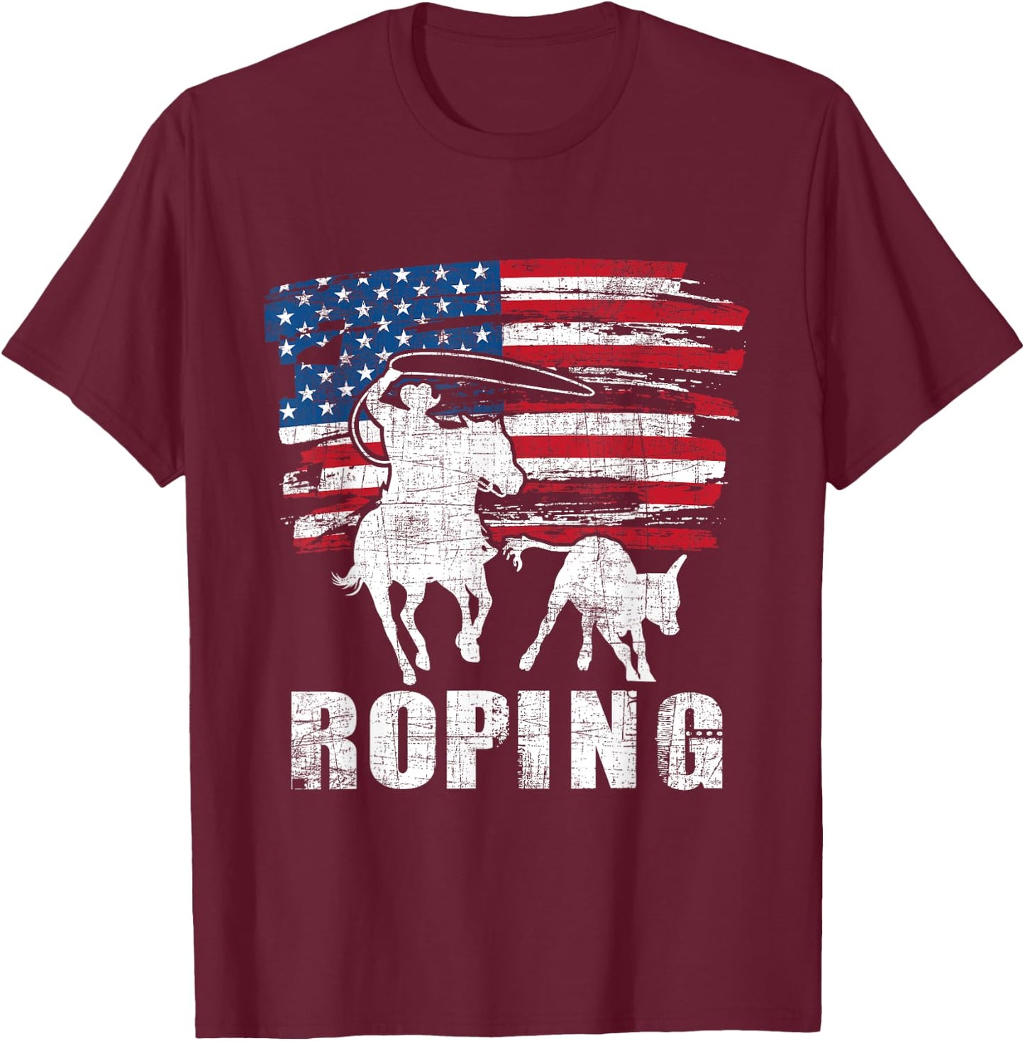 Team Roping - Roper USA American Flag Header Heeler Horse T-Shirt - T-Shirt | Maroon