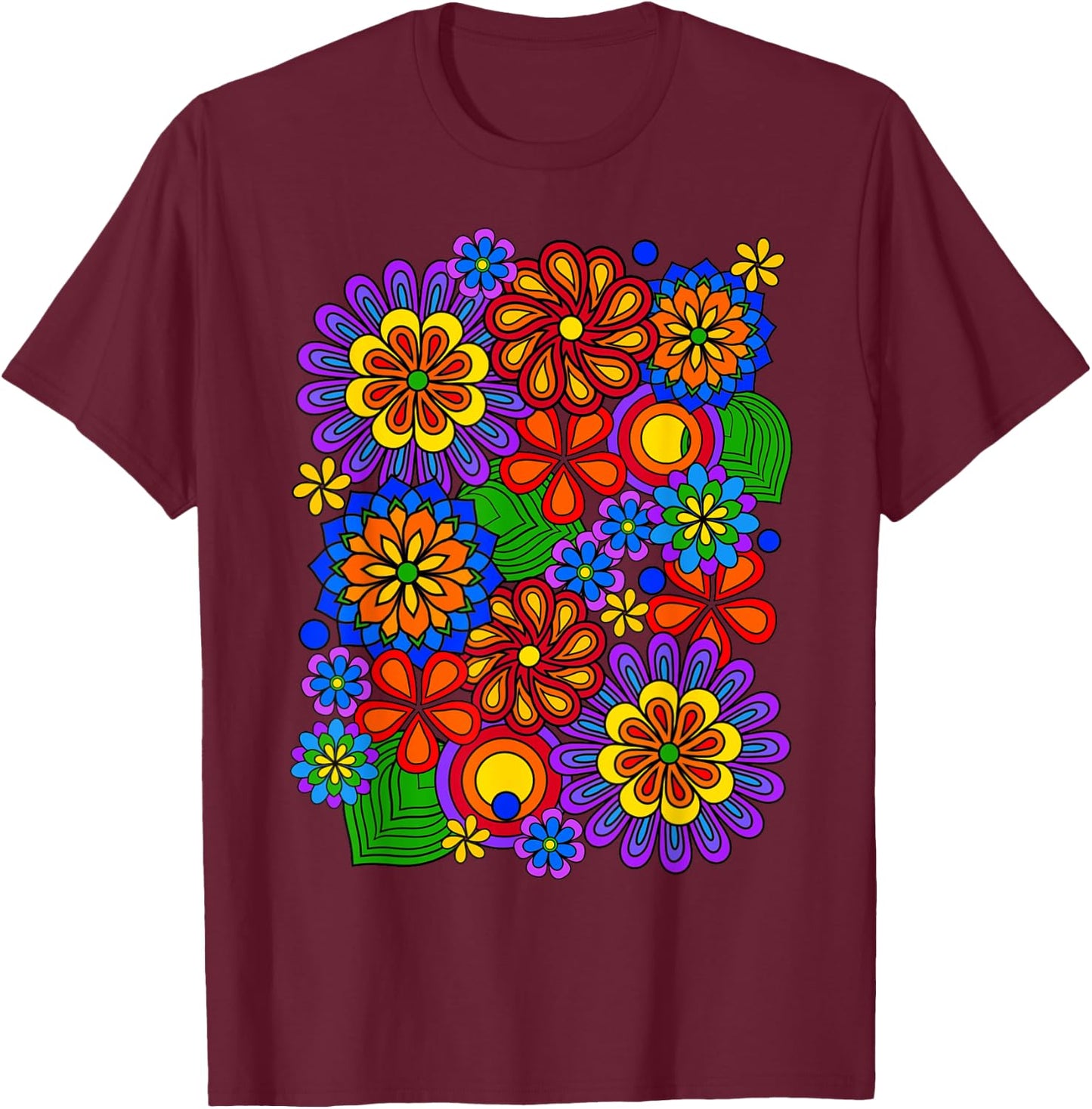 Colorful Rainbow Retro Flower Power Art T-Shirt - T-Shirt | Maroon