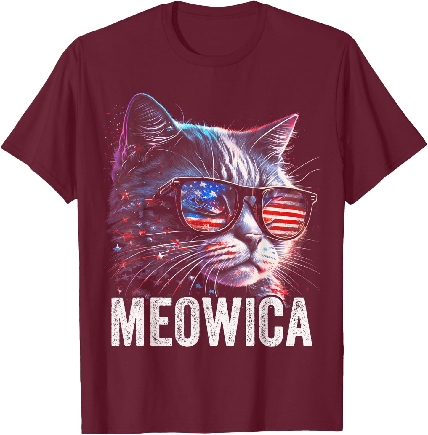 Meowica 4th of July Cat American Flag America USA Funny T-Shirt - T-Shirt | Maroon