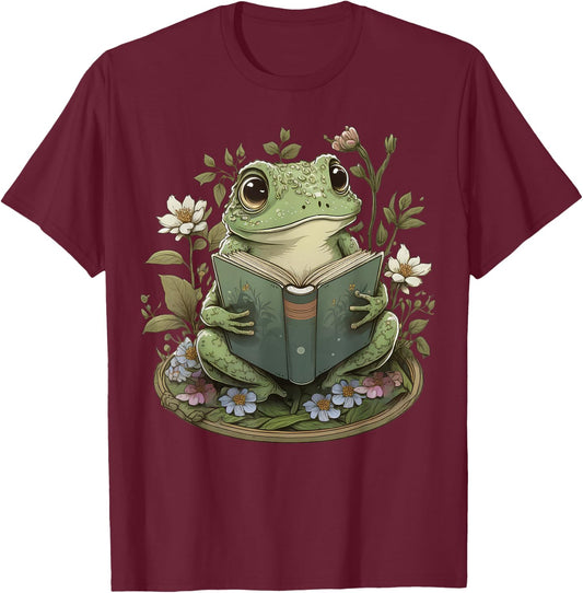 Cute Cottagecore Floral Frog Aesthetic Girls Women Graphic Small T-Shirt - T-Shirt | Maroon