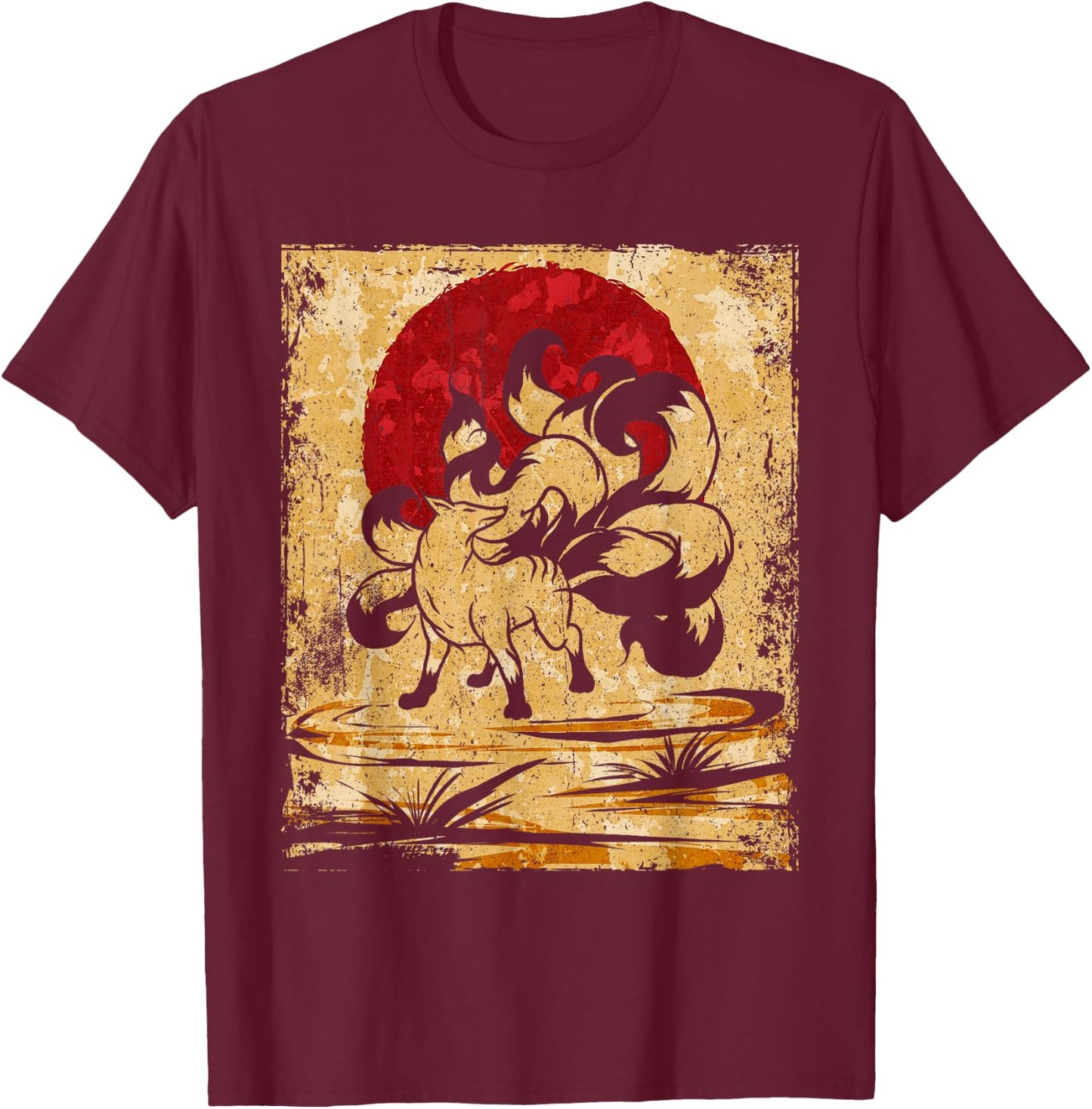 Nine Tailed Fox Japanese Art Retro T-Shirt - T-Shirt | Maroon