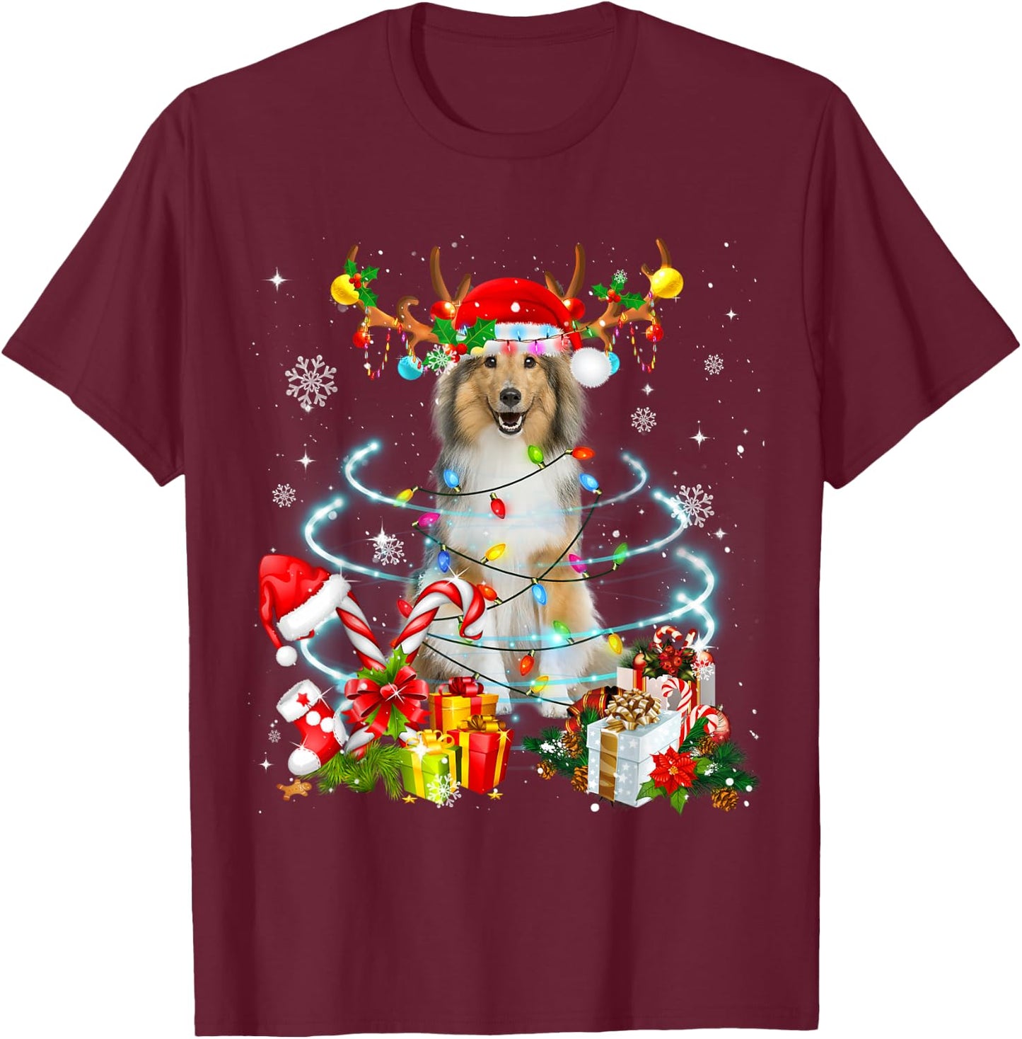 Sheltie Reindeer Christmas Tree Lights Pajama Dog Xmas T-Shirt - T-Shirt | Maroon