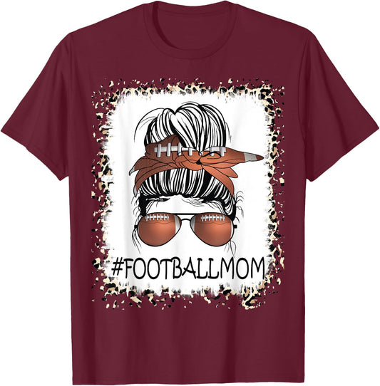 Bleached Proud Football Mom Life Leopard Messy Bun Player T-Shirt - T-Shirt | Maroon