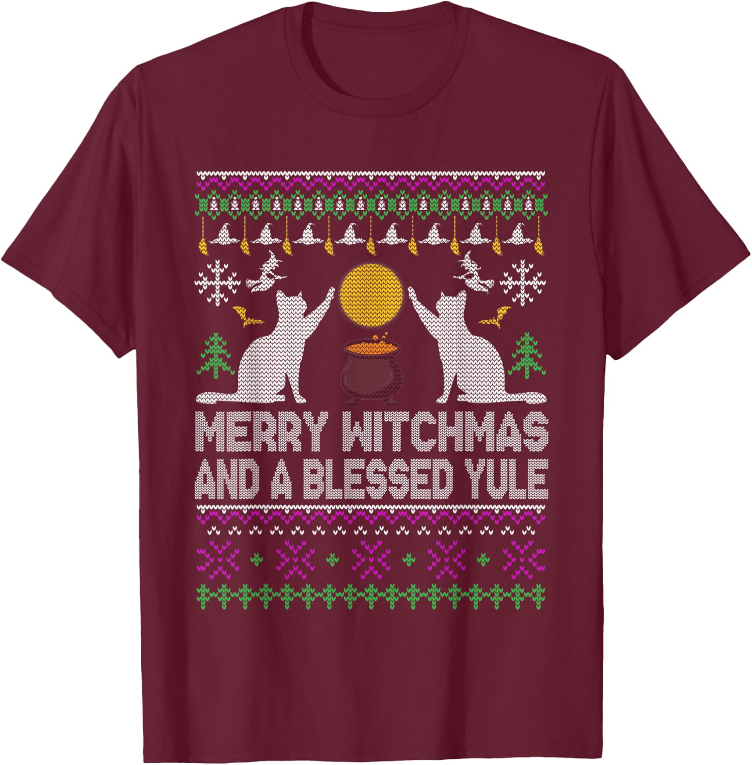 Merry Witchmas Cat Lover Ugly Christmas Sweaters T-Shirt - T-Shirt | Maroon