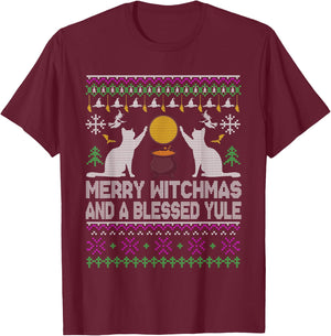 Merry Witchmas Cat Lover Ugly Christmas Sweaters T-Shirt - T-Shirt | Maroon
