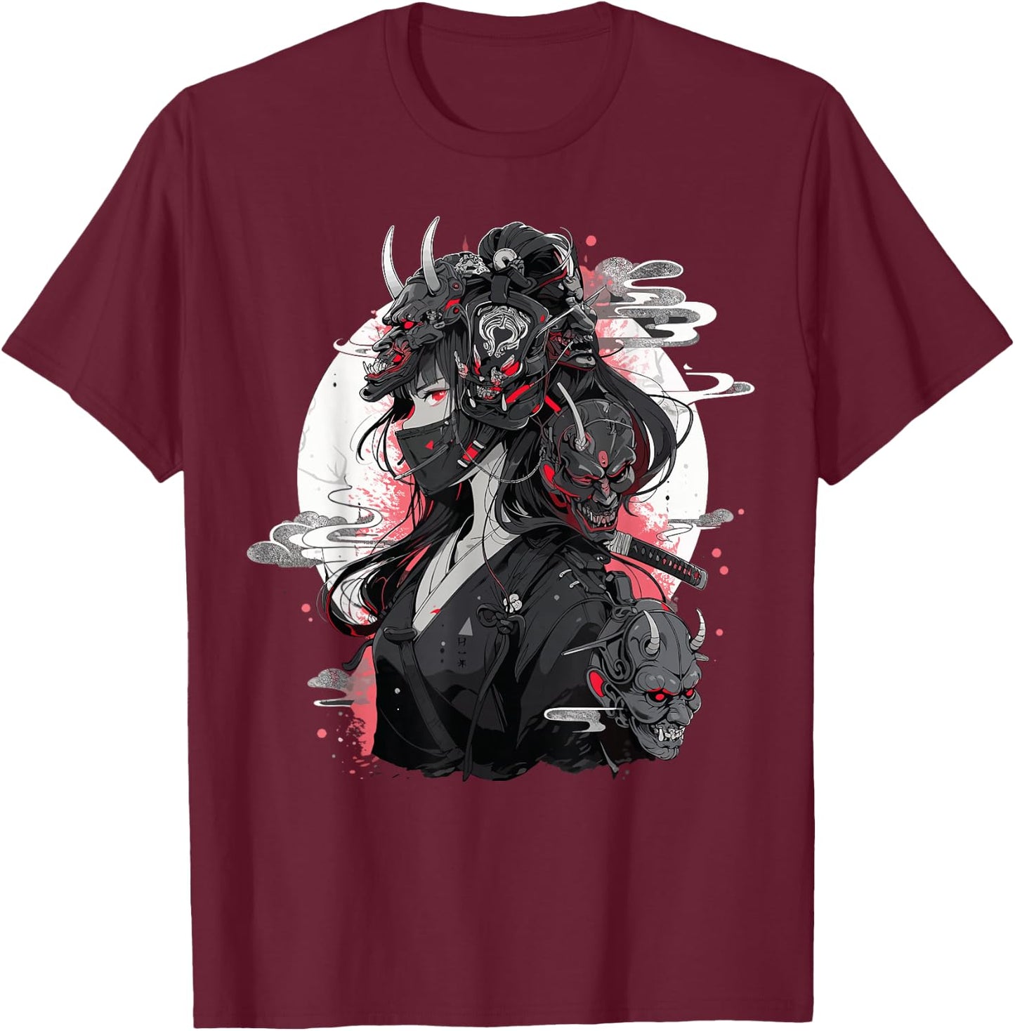 Anime Girl Gothic Waifu Japanese Kawaii Otaku Oni Mask T-Shirt - T-Shirt | Maroon