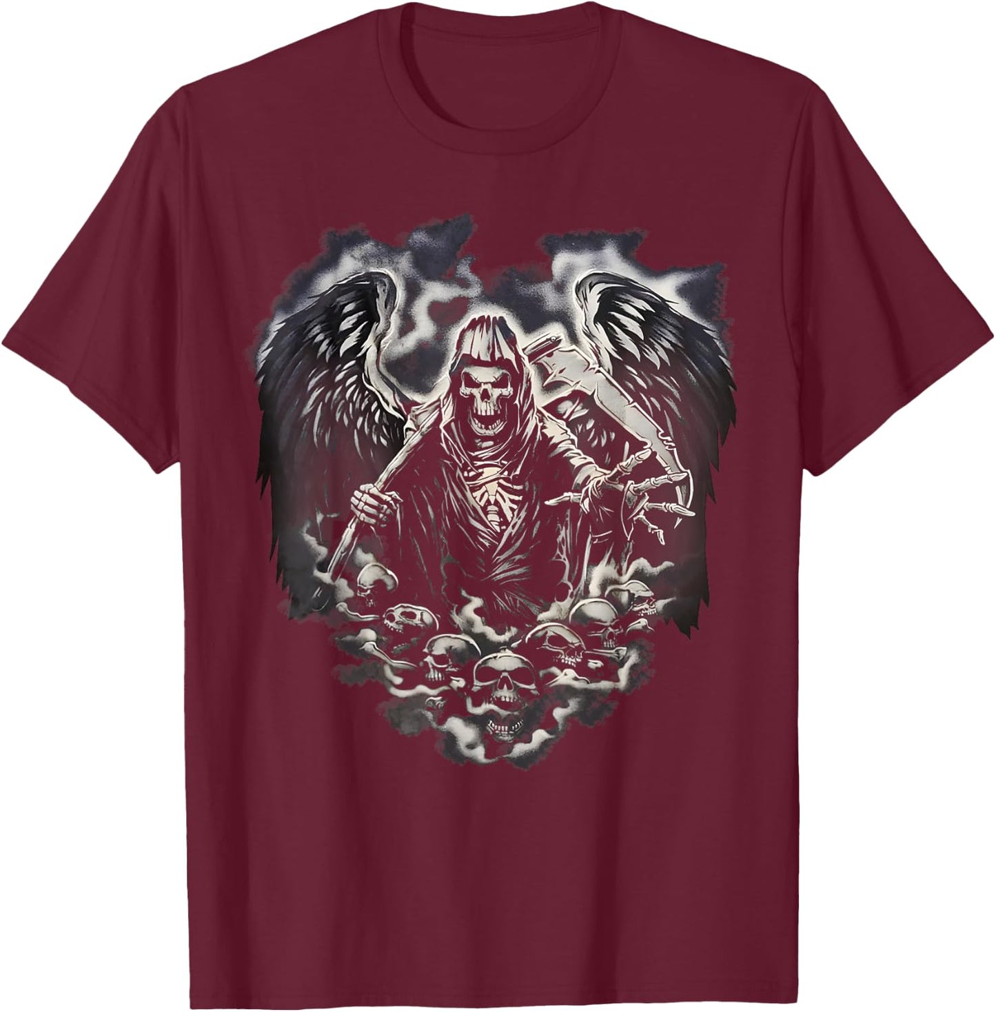 Grim Reaper Skull Heart Scythe Skeleton Angel Death Horror T-Shirt - T-Shirt | Maroon