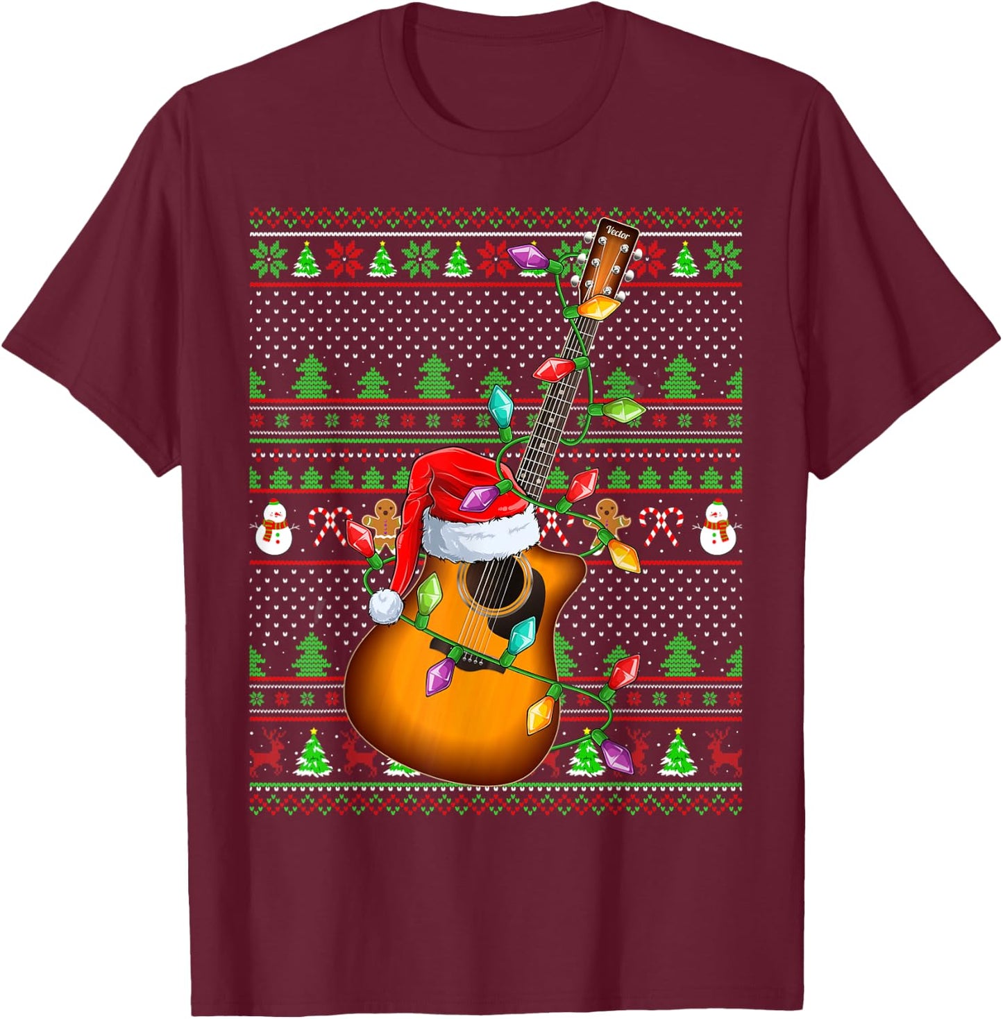 Ugly Xmas Sweater Style Lighting Guitar Christmas T-Shirt - T-Shirt | Maroon