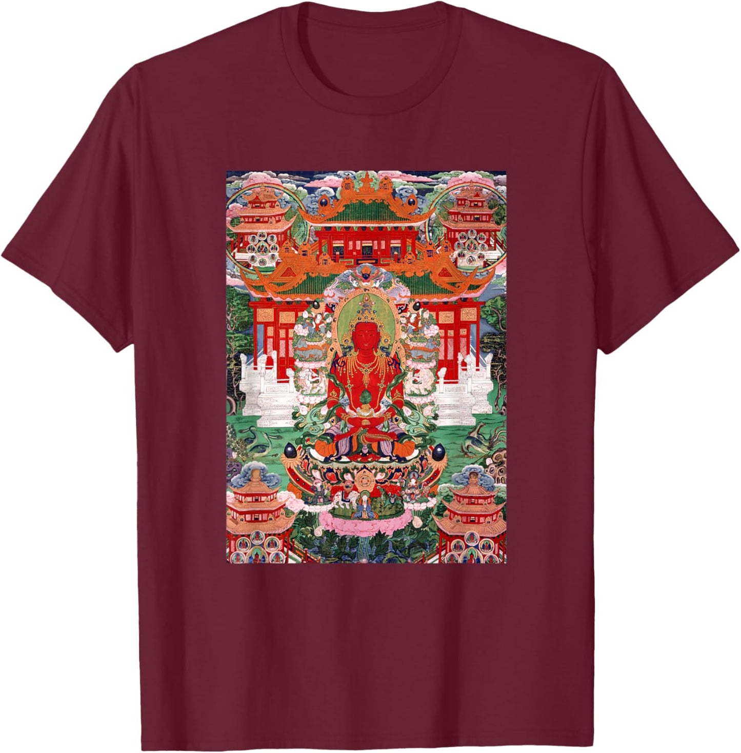 Buddha Amitayus in His Pure Land Tibetan Buddhist Thangka T-Shirt - T-Shirt | Maroon