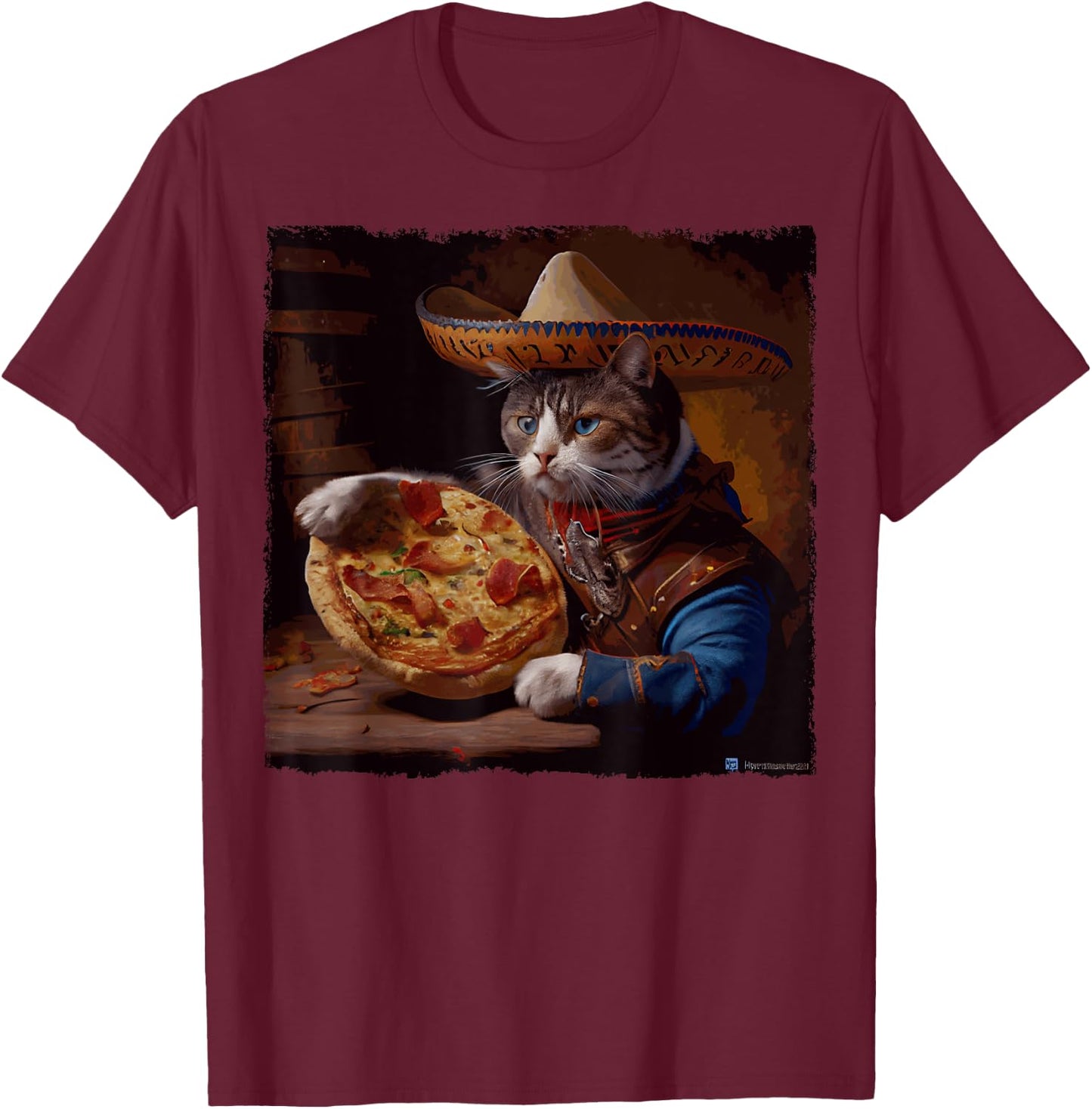 Funny Cat Cowboy Pizza T-Shirt - T-Shirt | Maroon