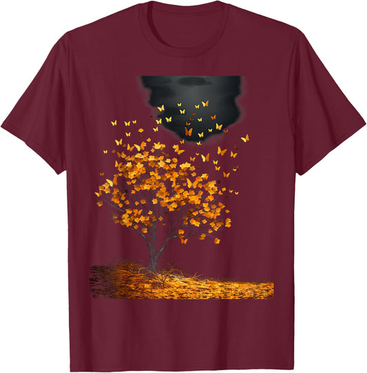 Fall Autumn falling leaves with Tree and Butterfly T-Shirt - T-Shirt | Maroon