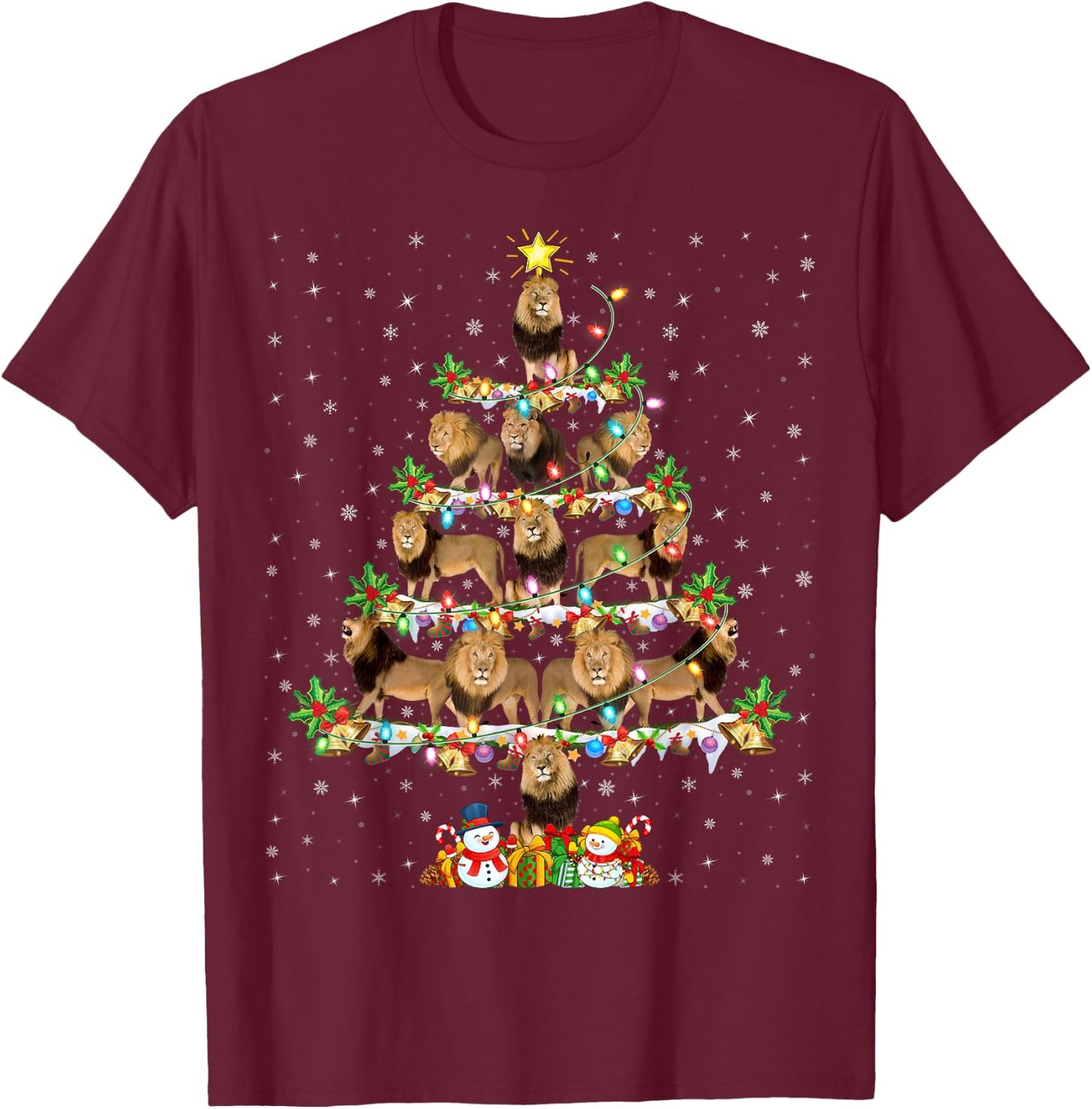 Lion Xmas Lighting Santa Lion Christmas Tree T-Shirt - T-Shirt | Maroon