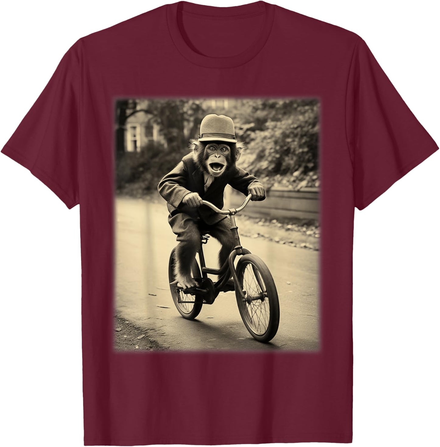 Funny Cute Monkey Chimp Riding Vintage Bicycle Men Woman T-Shirt - T-Shirt | Maroon