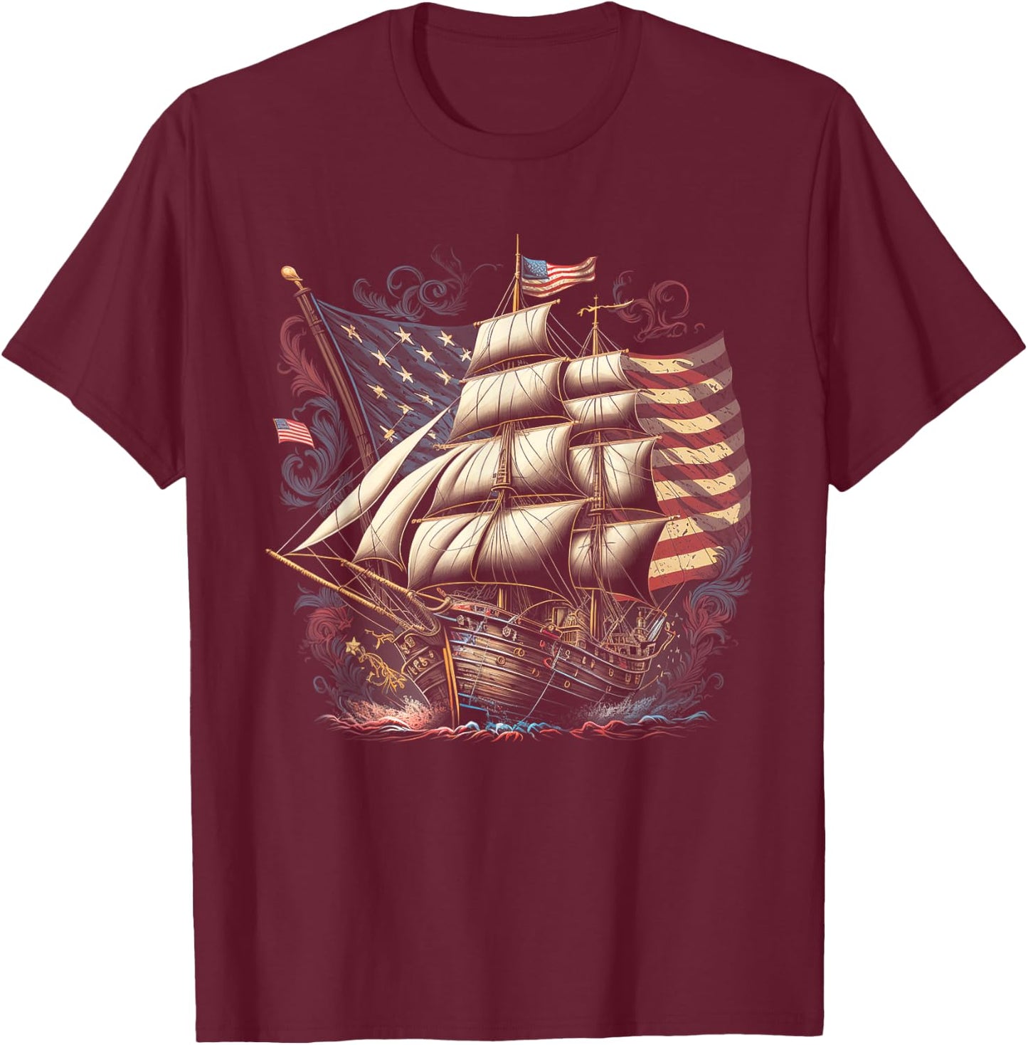 Pirate 4th of July American Flag USA America Funny Ship Boat T-Shirt - T-Shirt | Maroon
