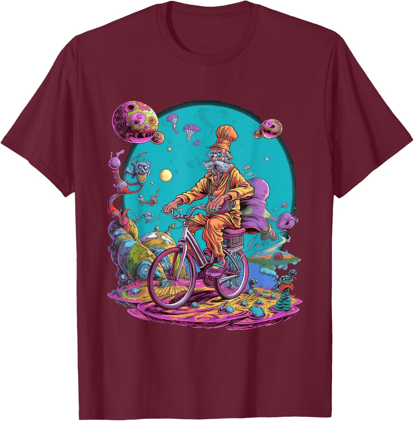 Bicycle Day Hofmann Trip | Psychedelic Comic Style Hippie T-Shirt - T-Shirt | Maroon