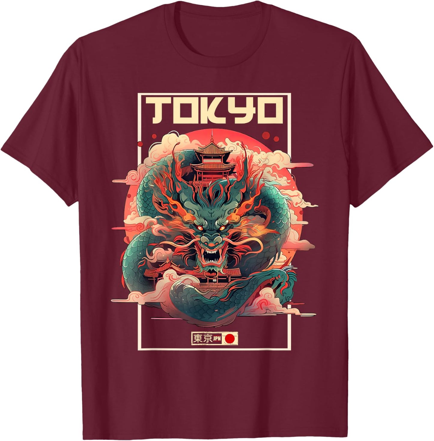 Tokyo Inspired Vintage Style 80s Retro Japanese Asian Dragon T-Shirt - T-Shirt | Maroon