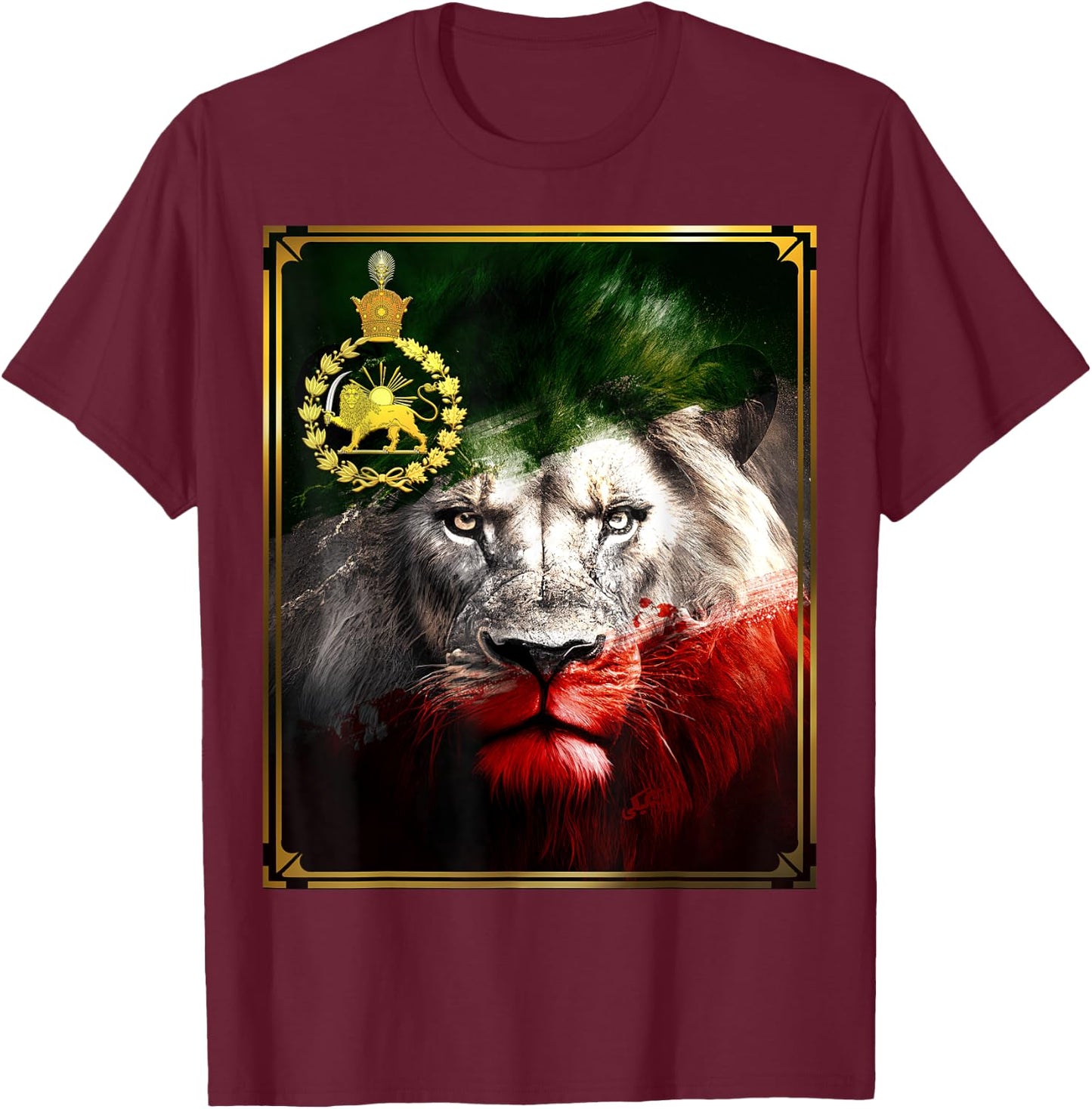 Iran flag on lion head with a golden lion Pahlavi T-Shirt - T-Shirt | Maroon