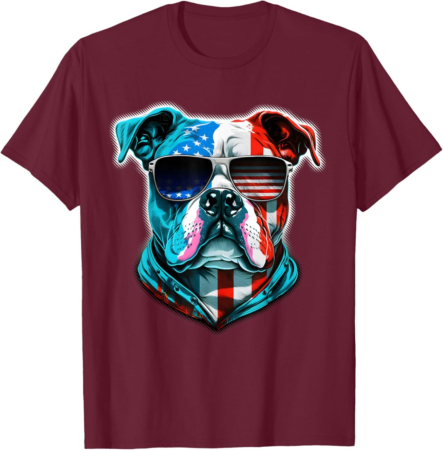 Bulldog Dog Red White Blue American Flag Sunglasses Kids Men T-Shirt - T-Shirt | Maroon