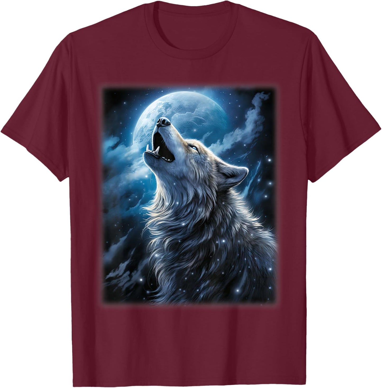 Wolf howling at the Moon Fantasy Art Wildlife T-Shirt - T-Shirt | Maroon