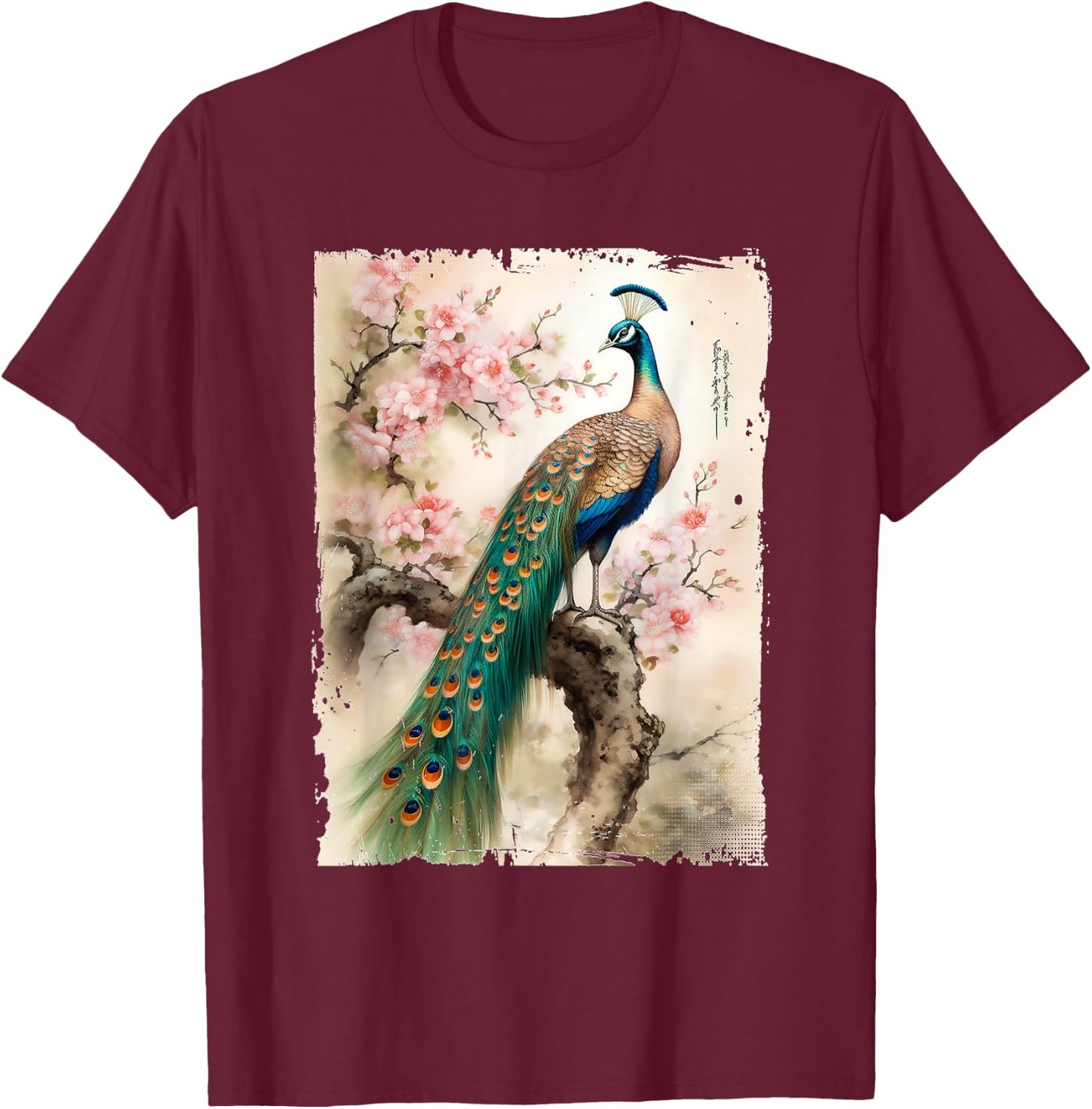 Beautiful Peacock Japanese Cherry Blossom Art T-Shirt - T-Shirt | Maroon