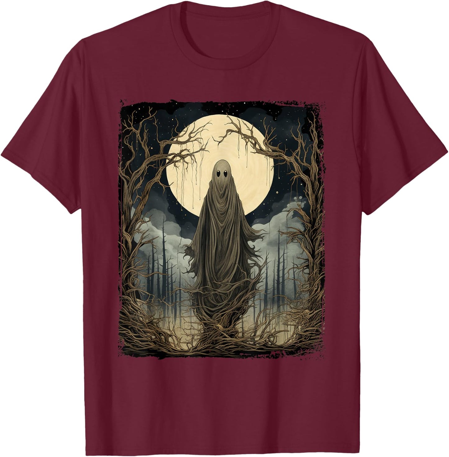 Vintage Art Men Women Retro Scary Gothic Halloween Ghost T-Shirt - T-Shirt | Maroon