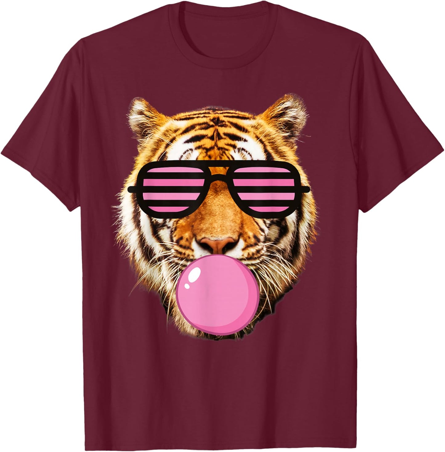 Pink Gum tiger Stripe Cute Tiger with Glasses T-Shirt - T-Shirt | Maroon