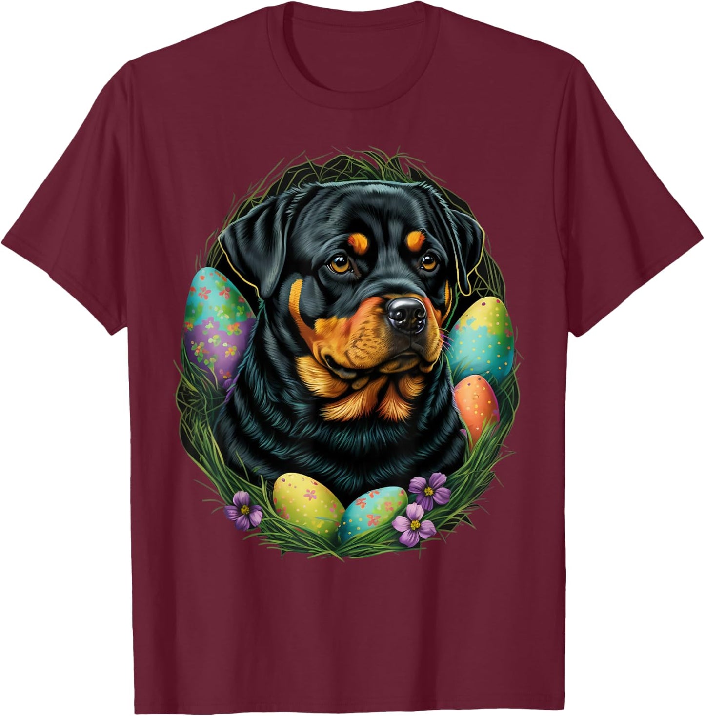 Easter Rottweiler Bunny Eggs Dog on Easter Rottweiler T-Shirt - T-Shirt | Maroon