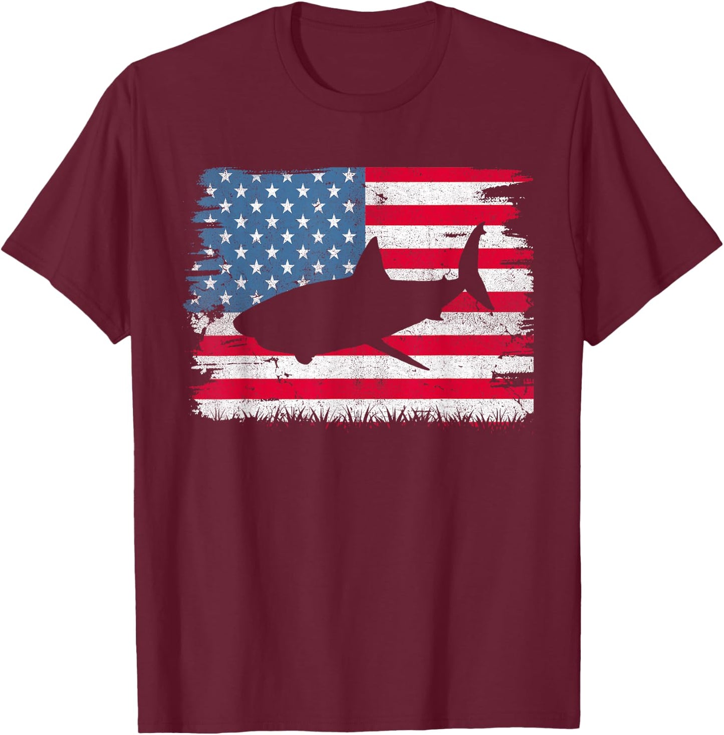 Shark American Flag USA 4th of July Men Women Boys Girls T-Shirt - T-Shirt | Maroon