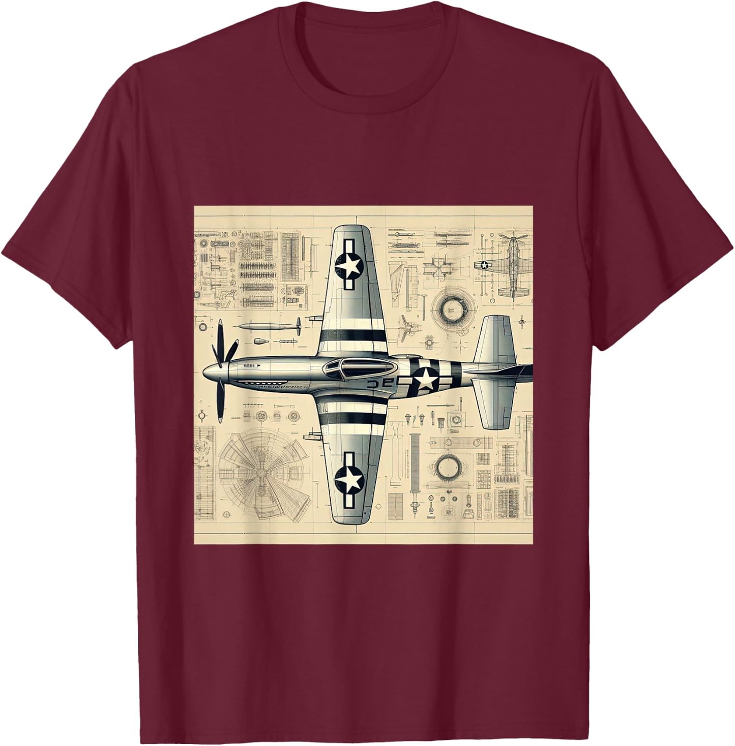 WW2 Warplane P51 Mustang Assembly Parts Blueprint T-Shirt - T-Shirt | Maroon
