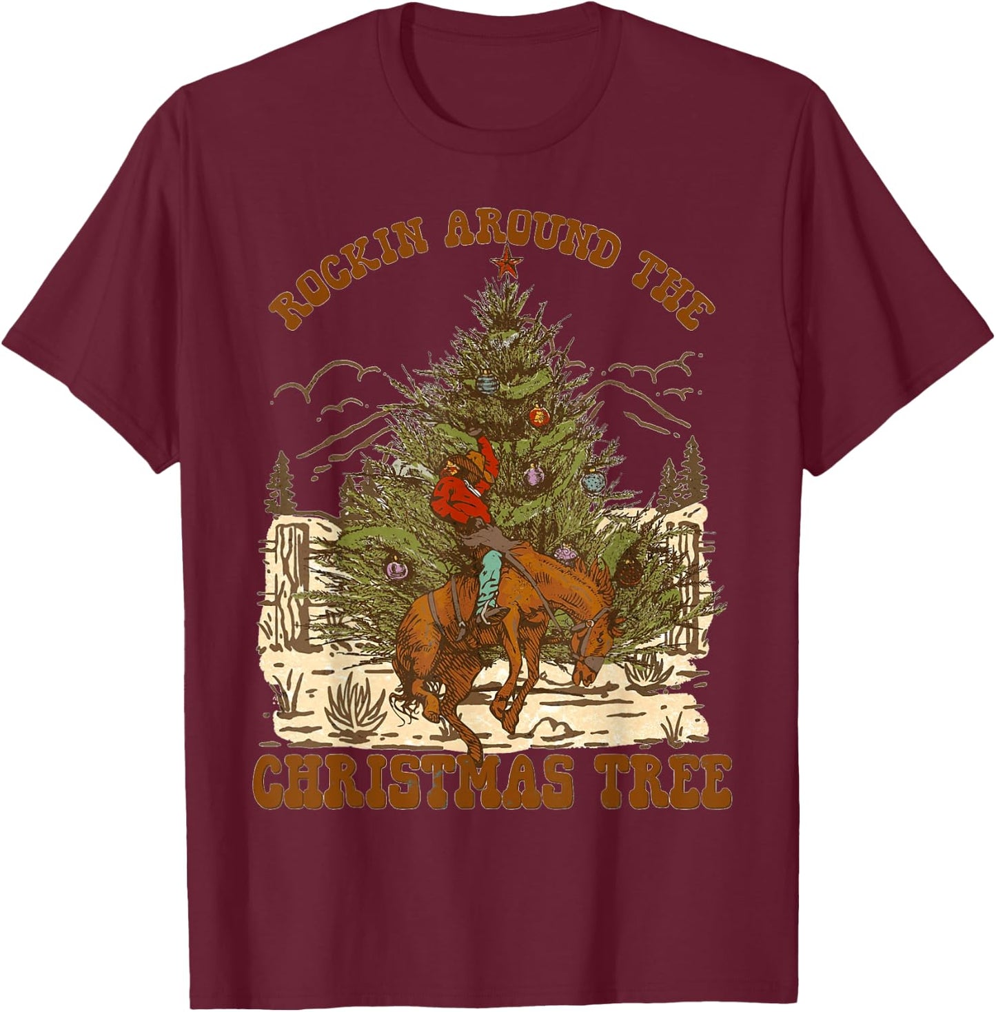 Rockin' Around Christmas Cowboy Tree Santa Ride Horse Pajama T-Shirt - T-Shirt | Maroon
